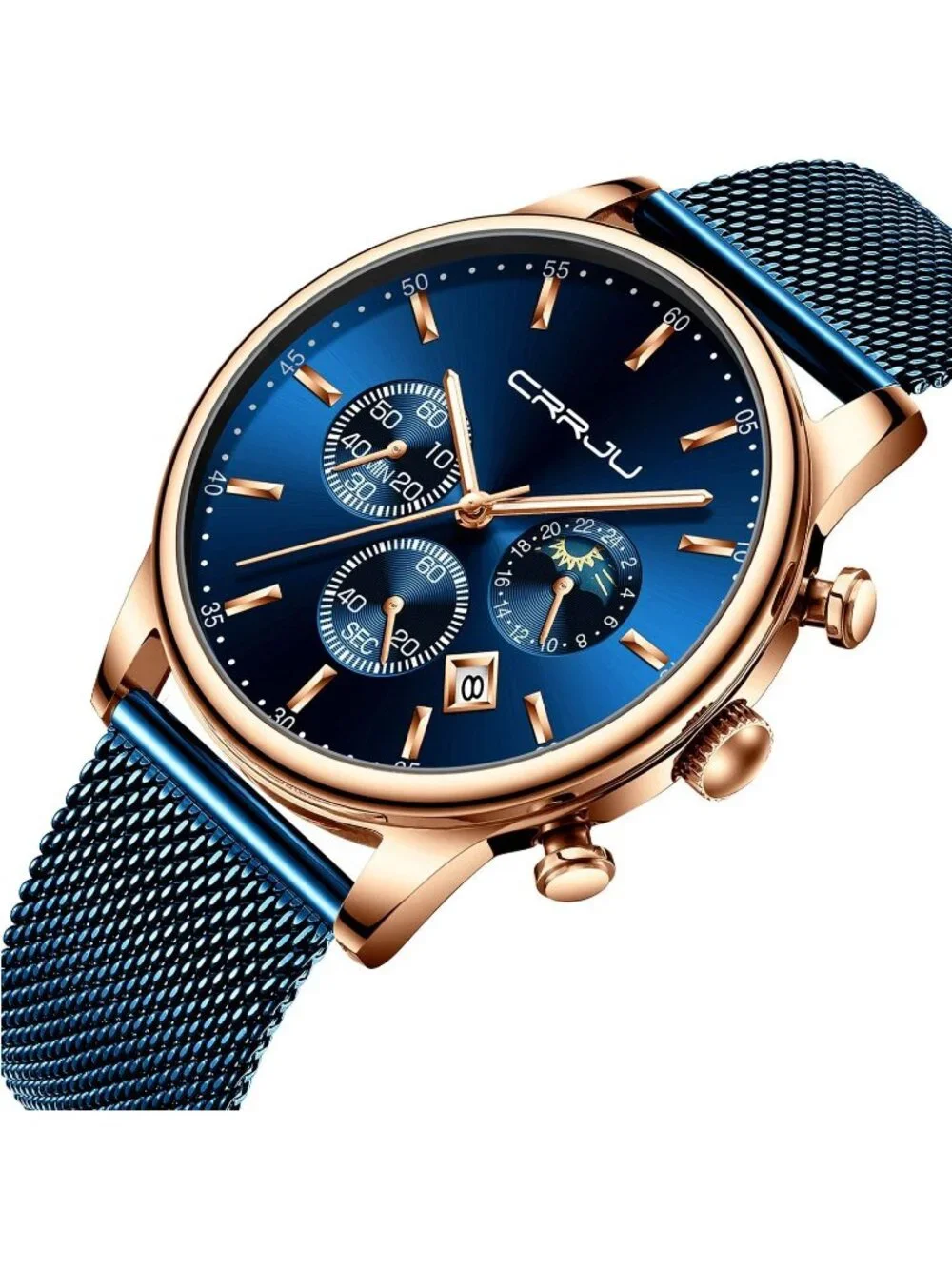 Men's Blue Chronograph Auto Date Steel Quartz with Mesh Strap Fashion Wristwatch